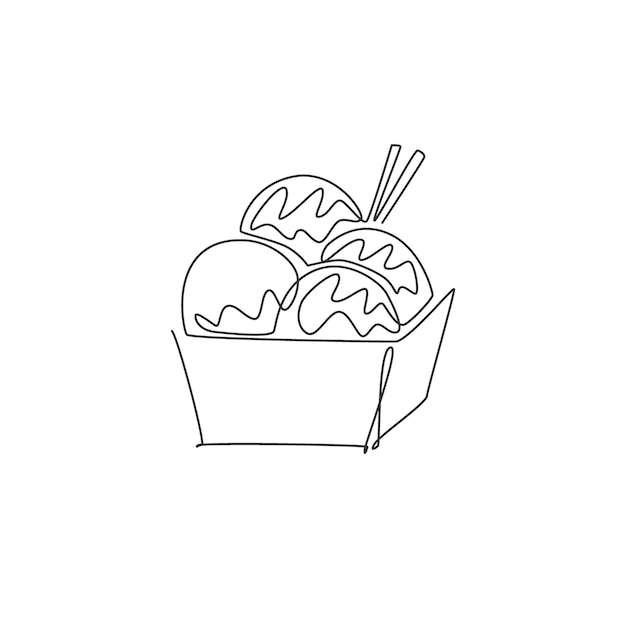 Single continuous line drawing of stylized Japanese takoyaki ball logo Emblem seafood restaurant