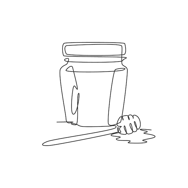 Single continuous line drawing of stylized sweet honey on glass jar with wooden dipper icon healthy