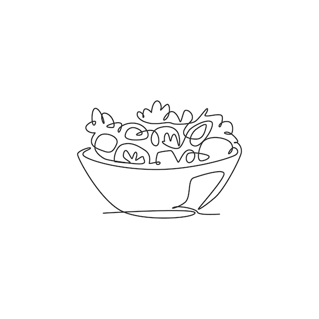 Single continuous line drawing of stylized vegetables salad on bowl logo Healthy food restaurant