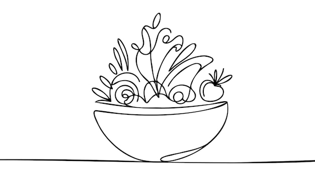 Disegno a linea continua di un'insalata di verdure stilizzata sull'etichetta del logo della ciotola