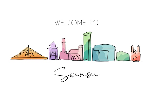 Vector single continuous line drawing of swansea city skyline united kingdom famous city landscape vector