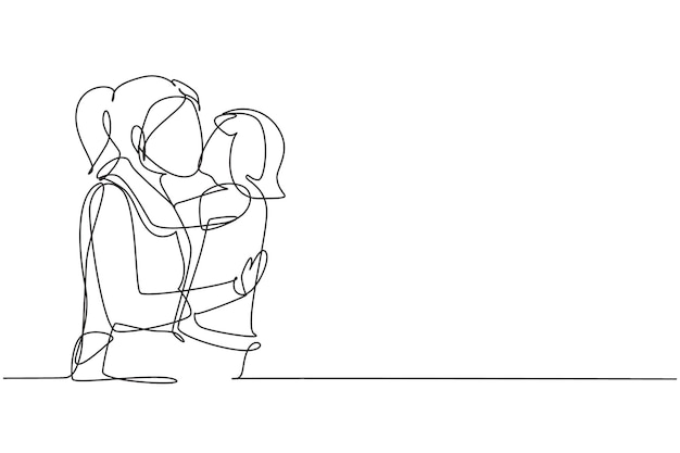 단일 연속 라인 그림 달 ⁇ 한 작은 소녀  ⁇ 안고 그녀의 아름다운 엄마를  ⁇ 에 키스