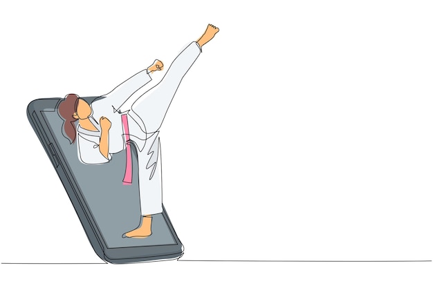 single continuous line drawing taekwondo woman doing kick pose getting out of smartphone screen