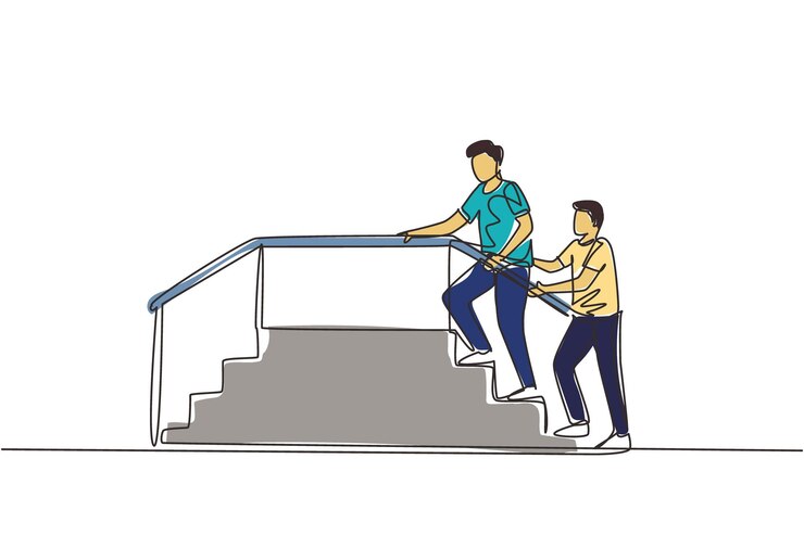 Vector single continuous line drawing therapist working with male patient climbing the stairs design vector