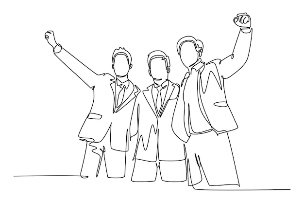 Single continuous line drawing three young happy businessmen celebrating their successive target at the business meeting with high five gesture Business deal One line draw design vector illustration