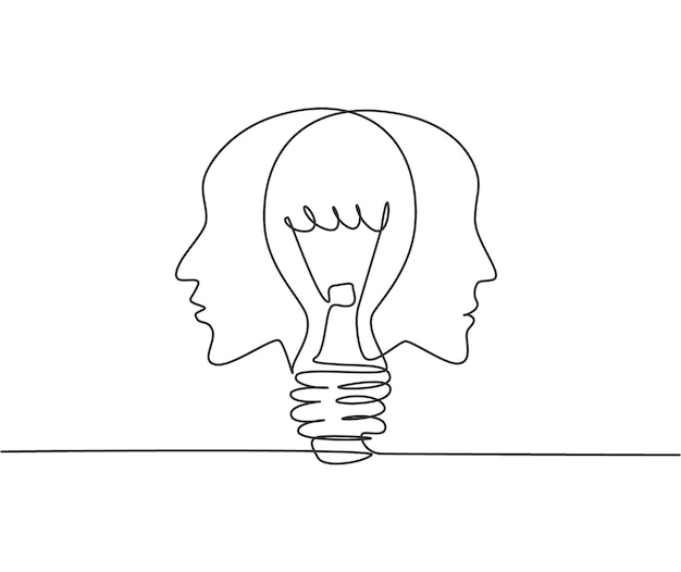 Vector single continuous line drawing twin human face with light bulb in the middle label psychology mind