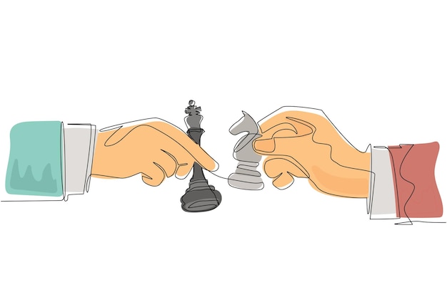 Vector single continuous line drawing two mans hands with king and horse chess pieces vintage engraving