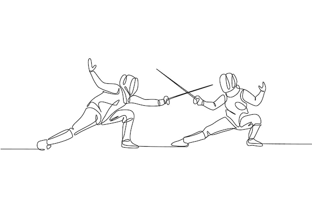 Single continuous line drawing two young fencer athlete men in fencing mask and rapier duel at arena