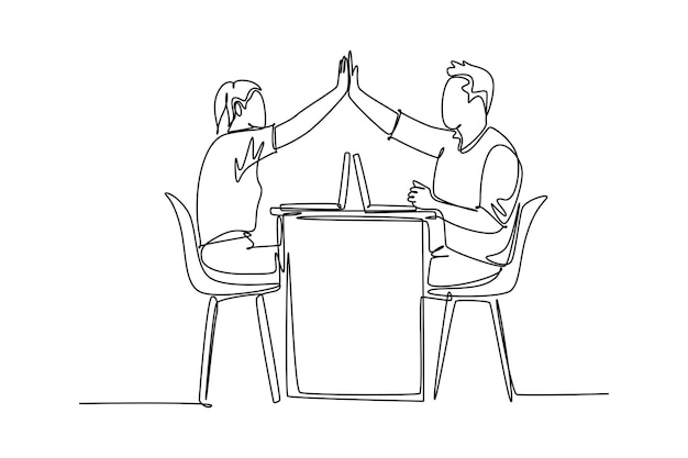 Single continuous line drawing two young happy couple man and woman work at cafe and giving high five gesture to celebrate successful Business deal One line draw graphic design vector illustration