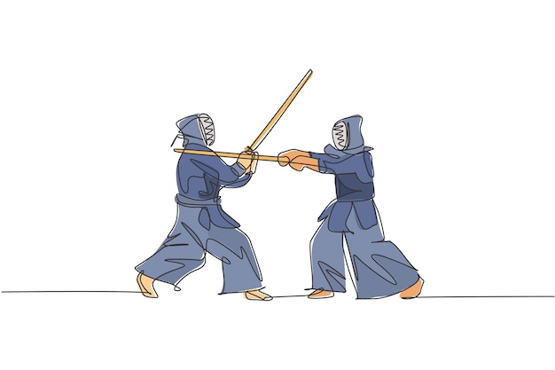 체육관 스포츠에서 검도 무술을 연습하는 두 명의 젊은 낚시를 좋아하는 남자의 단일 연속 선 그리기