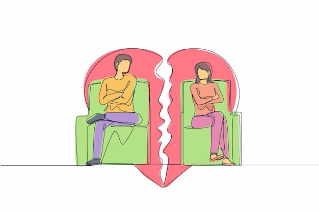 Vector single continuous line drawing unhappy stubborn couple sit separate on cut couch have family fight