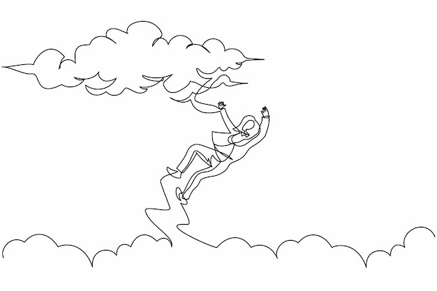 単一の連続線画 不幸なビジネスウーマンが空から落ちるデザインイラスト