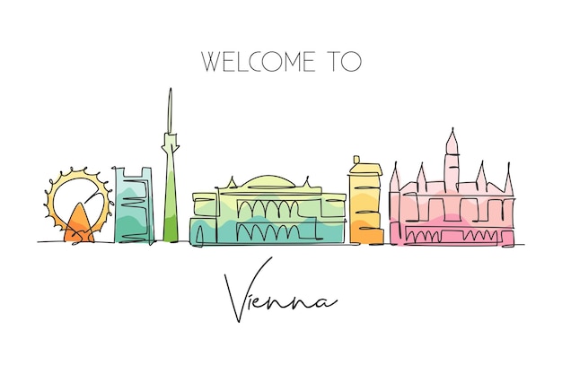 Single continuous line drawing of vienna city skyline austria famous city scraper design vector