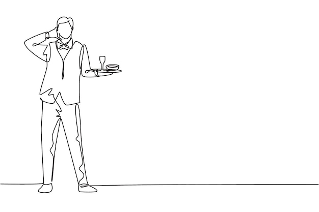 Single continuous line drawing waiter stood up with call me gesture brought tray drinking glasses