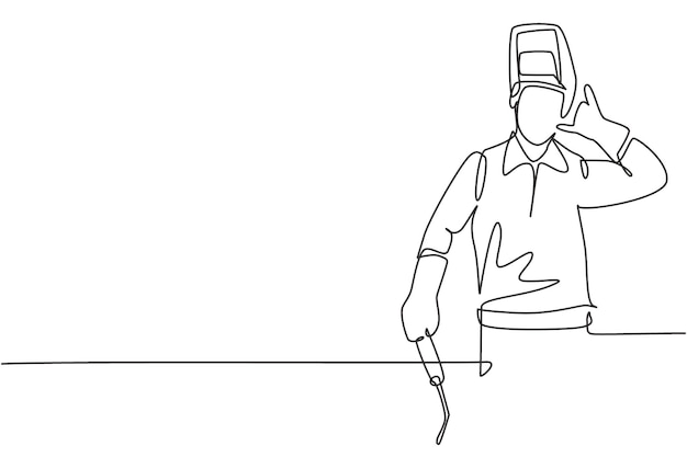 single continuous line drawing welder with call me gesture works in the construction design vector