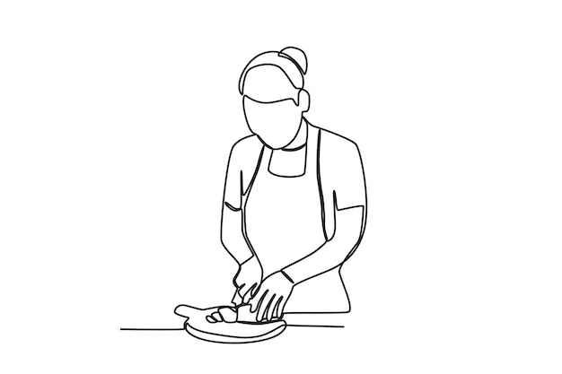 Single continuous line drawing of Woman Cutting Potatoes Healthy food concept one line drawing desi