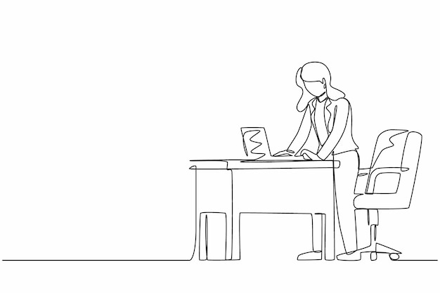 Single continuous line drawing woman employee working at ergonomic workstation Office furniture