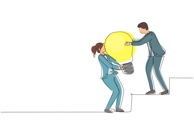 단일 연속 라인 드로잉 여성이 계단에서 전구를 켜는 남자를 돕는 팀워크 우승 개념.
