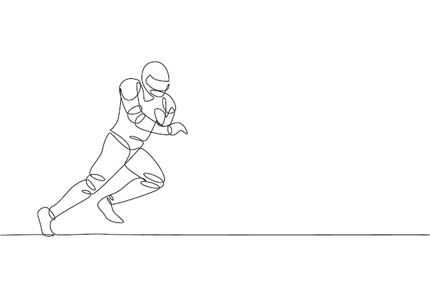 Одна непрерывная линия, рисующая молодого ловкого американского футболиста, быстро бегущего, чтобы забить гол.