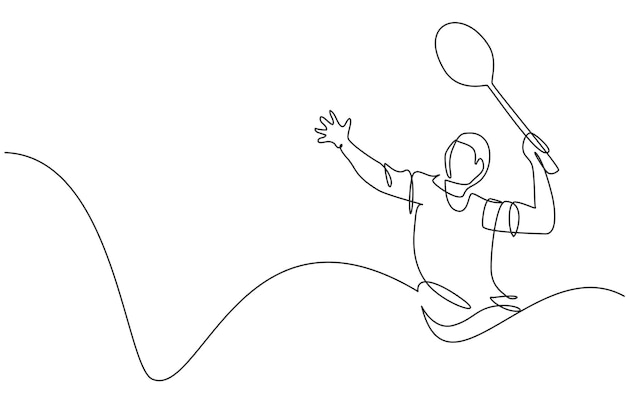 Single continuous line drawing of young agile badminton player hit shuttlecock Competitive sport