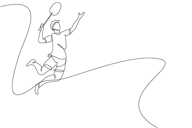 Single continuous line drawing of young agile badminton player jumping and smashing the ball vector