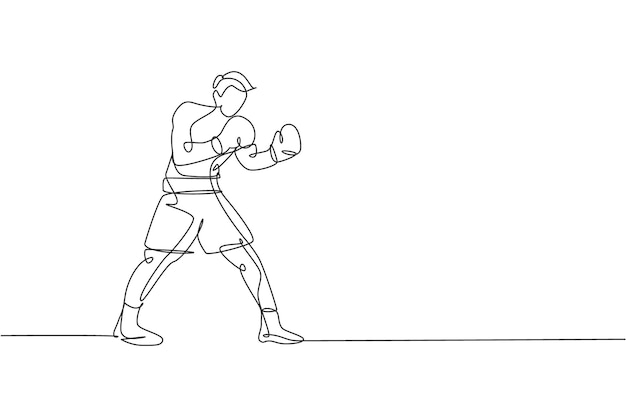 単一の連続線描画スポーツ ジム デザインのベクトルで若い敏捷な男性ボクサー スタンス自信
