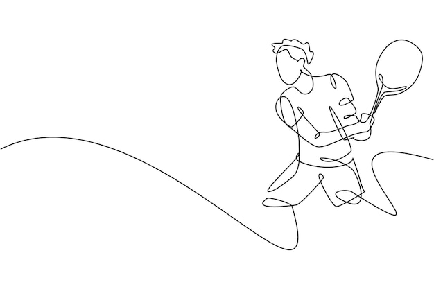 Single continuous line drawing young agile tennis player hit the ball from opponent Sport exercise