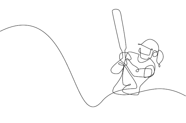 Single continuous line drawing of young agile woman cricket player ready to hit the ball at stadium