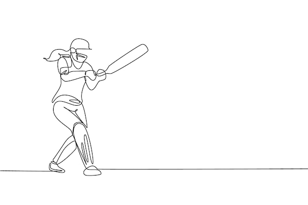 Одна непрерывная линия рисует молодую ловкую женщину-игроку в крикет успешно ударил мяч вектор искусства