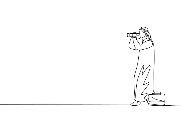 Single continuous line drawing young Arab business man analyze market stock using binocular vector