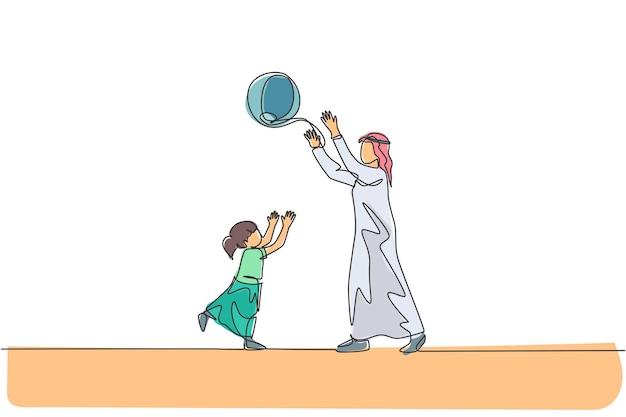 Un'unica linea continua che disegna il giovane papà arabo che gioca e lancia il pallone da spiaggia alla figlia al parco