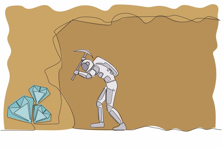 Vector single continuous line drawing of young astronaut digging with pickaxe in moon underground tunnel
