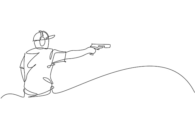 単一の連続線描画若いアスリート男性射手銃を保持してターゲットの戦術射撃を目指す