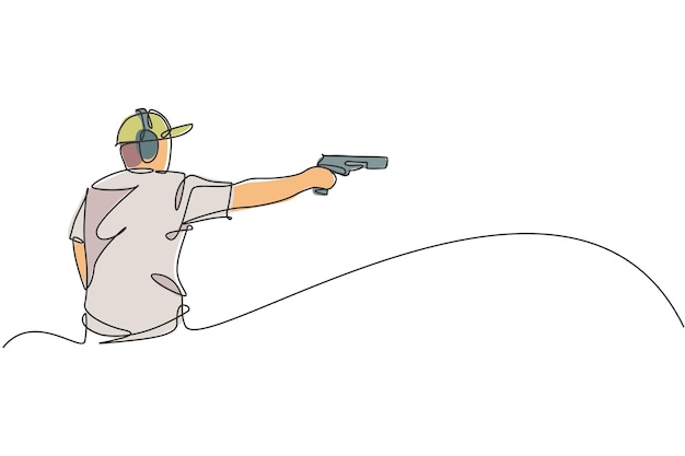 単一の連続線描画若いアスリート男性射手銃を保持してターゲットの戦術射撃を目指す