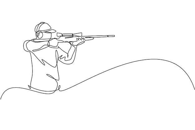 Single continuous line drawing of young athlete man shooter holding gun design vector illustration