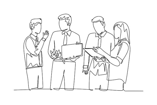 Vector single continuous line drawing young attractive businessmen and businesswoman listening trainer explain business lesson business presentation concept one line draw graphic design vector illustration