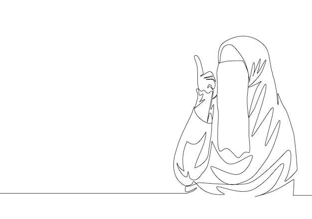 Single continuous line drawing of young attractive middle east muslimah wearing burqa sitting on the floor