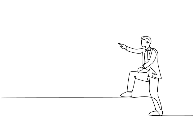 Single continuous line drawing young business man pointing finger forward while step up on stairs