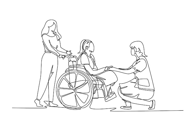 Single continuous line drawing young doctor visiting and handshaking the old patient with wheelchair in hospital Health care service concept Dynamic one line draw graphic design vector illustration