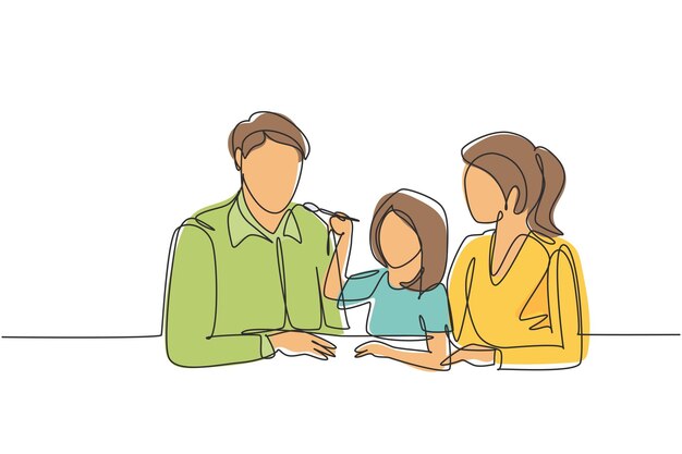 Vector single continuous line drawing young family having fun together in modern restaurant design vector