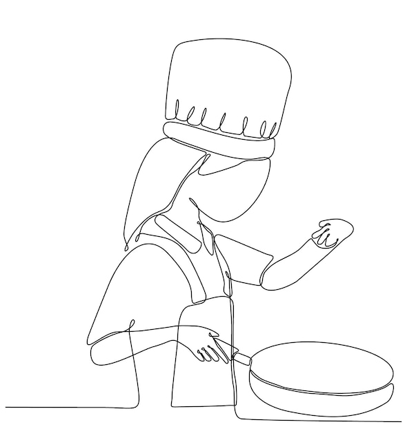 Single continuous line drawing of young female chef cooking in restaurant kitchen