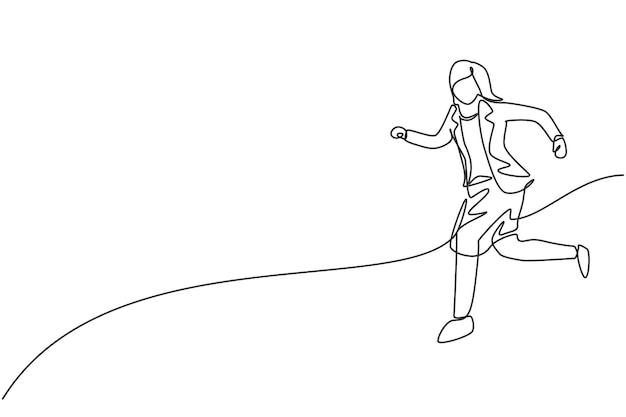 Single continuous line drawing of young female manager running fast to go to the office On time