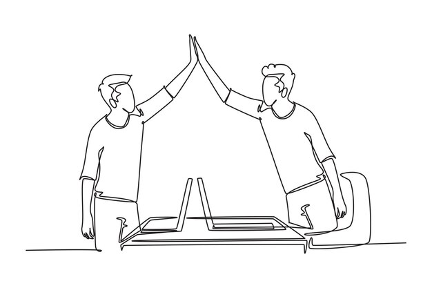 Single continuous line drawing young happy start up founder celebrating their successive goal at the business meeting with high five gesture Business deal One line graphic design vector illustration