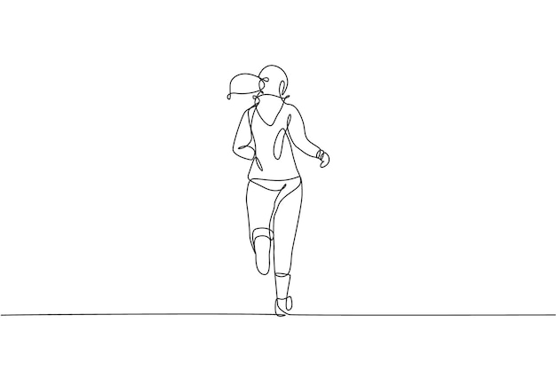 Single continuous line drawing young health runner woman relax running in countryside Design vector