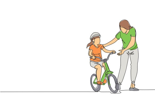 Single continuous line drawing of young kids girl learning ride bicycle with mother at outdoor park