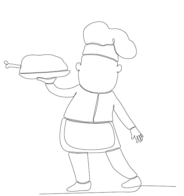 Single continuous line drawing of young male chef serving food in restaurant