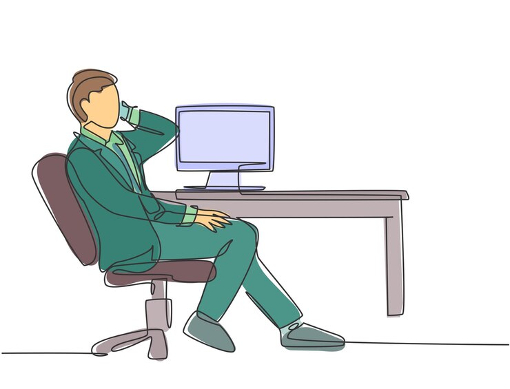 Vector single continuous line drawing of young male director sitting on work chair and calling his managers