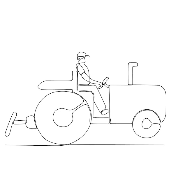 Single continuous line drawing of young male farmer driving a tractor to plow the field.