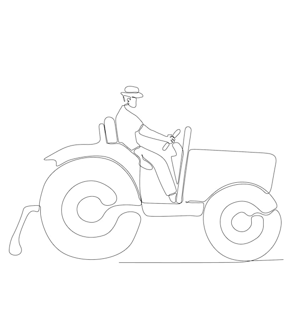 single continuous line drawing of young male farmer driving a tractor to plow the field.