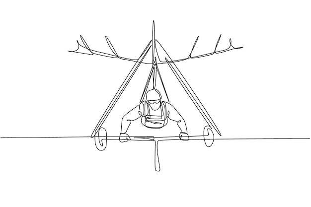 Single continuous line drawing young man flying with hang gliding parachute on the sky sport vector